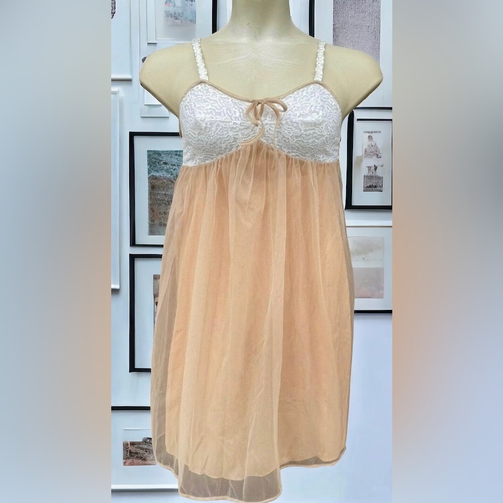 Vtg 60s Nylon Chiffon Nightie Night Gown S White Lace Short Babydoll Nude Beige
